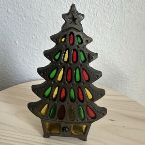 Vintage Christmas Tree Votive Tea Light Candle Holder 6" Stained Glass Cast Iron